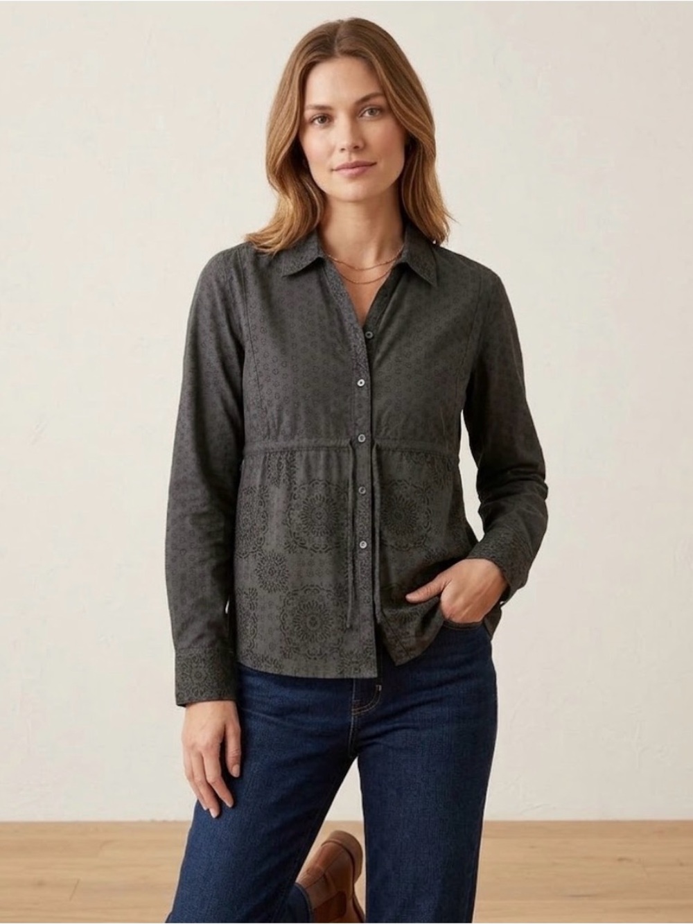 Woolrich Grey Patterned Button Down Shirt Drawstring Empire Waist Size M